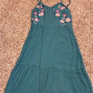 Teal Floral Embroidered Spaghetti Strap Dress